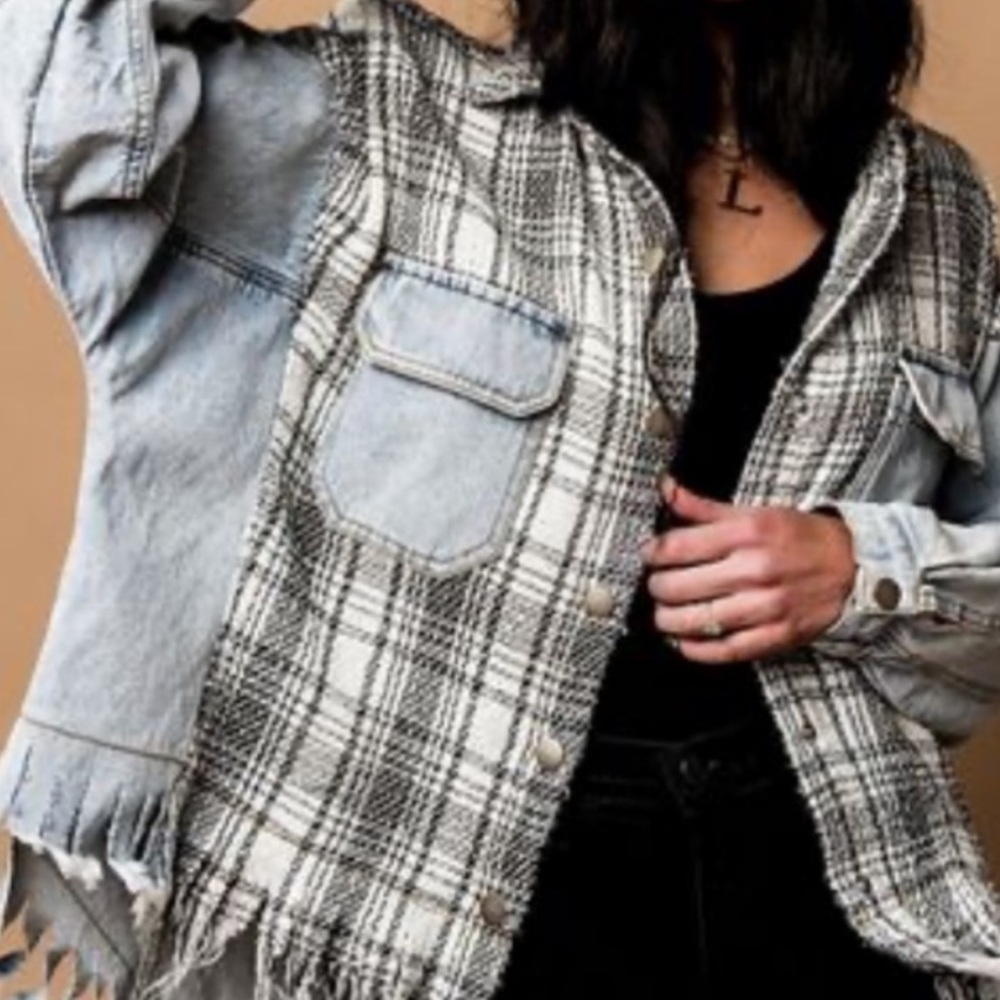 Graffiti Denim and Plaid Oversized Jacket